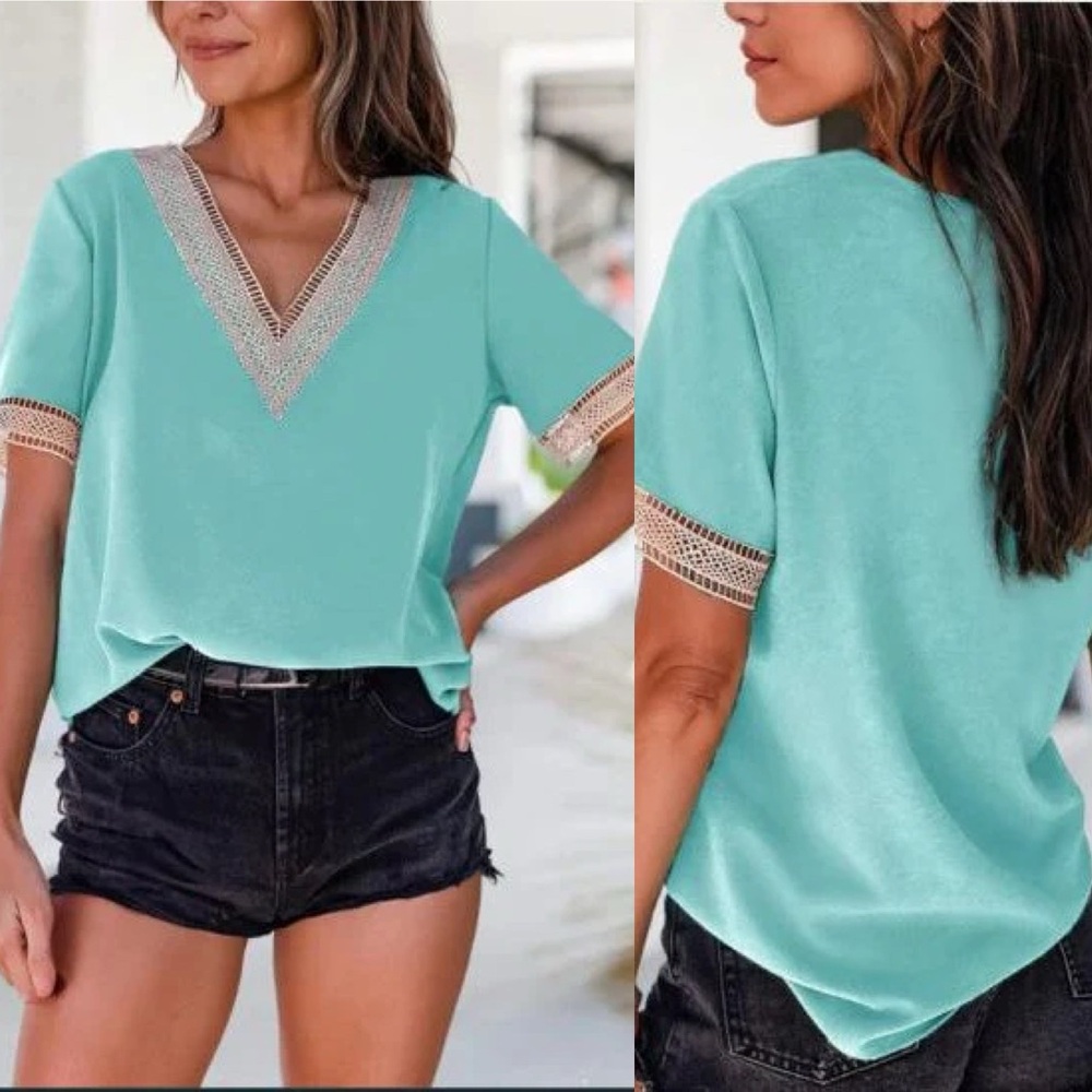 BRAND NEW WITH TAGS Aqua V-Neck Top with Lace Detail